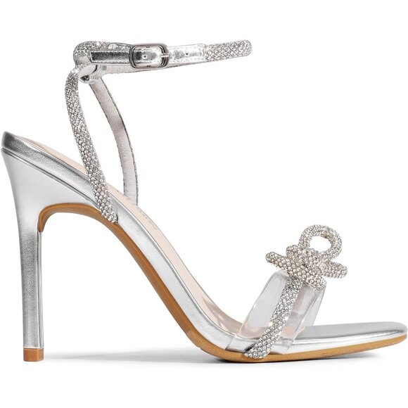 🆕Women Silver Faux Leather Crystal Bowknots Clear Slingback Heels Shoes - Picture 3 of 7